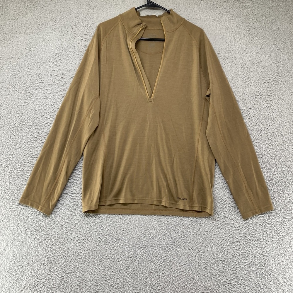 Filson Shirt Mens Medium Beige 100% Merino Wool Long Sleeve V-Neck Base Layer